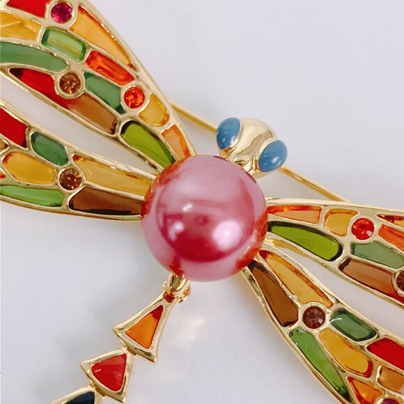 VTG Joan Rivers Signed Dragonfly Brooch Gold Tone Enamel Articulated Colorful - Picture 3 of 12